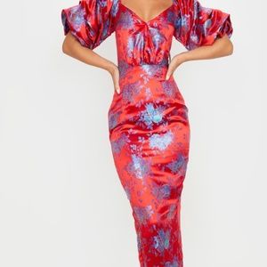 Red Floral Jacquard Lace Up Back Midi Dress from Pretty Little Thing